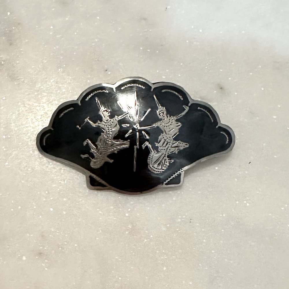 Vintage Siam Sterling Silver Niello Dancers on Fan Pin Brooch